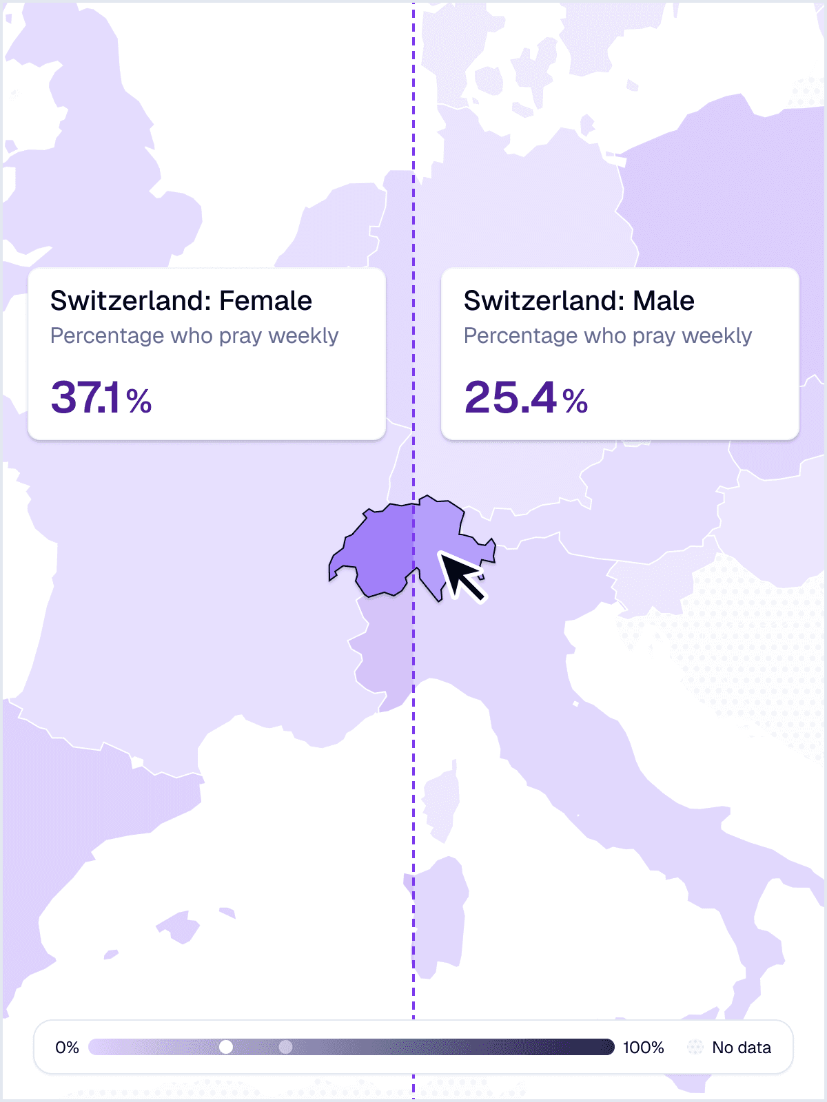 Two maps comparing how often women and men pray weekly in Switzerland